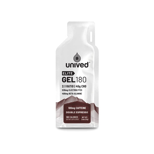 [BRSWGAAQPMBRY333] Unived Elite Gel, 2:1 Carbohydrate Ratio, 45g Carbs, Beta-Alanine, Sodium Bicarbonate, & Essential Electrolytes, 190kcal & Gluten-Free (Double Espresso - 100mg Caffeine - 6 Pack)