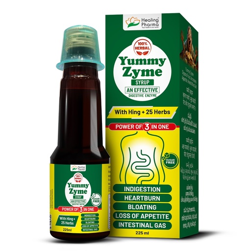 [BRSRAYYCCEMGCHT2] Healing Pharma - Yummy Zyme Digestive Enzyme Syrup | Ayurvedic Digestive Tonic with Hing & 25 Herbs | Relieves Indigestion, Bloating, Heartburn & Intestinal Gas | Sugar Free | 225 ml