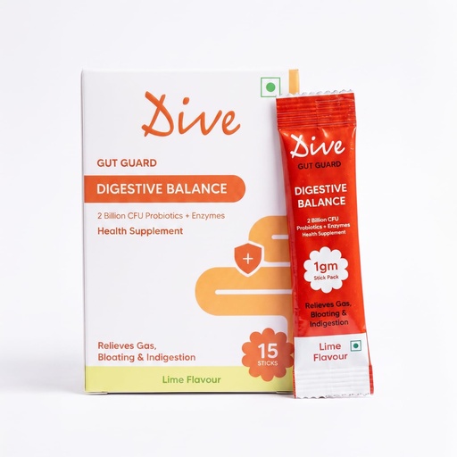 [BRSRA2TYPIIA2HLD] Dive Gut Guard Digestive Balance Probiotics & Digestive Enzymes Supplement | 2 Billion CFU | Helps Relieve Gas, Bloating & Indigestion | Supports Gut Health & Digestion | Lime Flavour | 15 Days