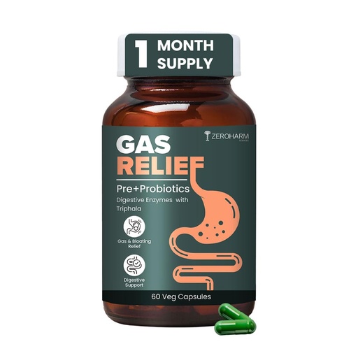 [BRSRAED3PJ6BACI7] ZEROHARM Gas Relief Capsules | Ayurvedic Pre‑Probiotic & Digestive Enzymes Blend with Triphala (Amla, Haritaki, Bibhitaki) | Eases Digestion, Bloating, Gas Relief & Acidity | Men & Women | 60 Capsules