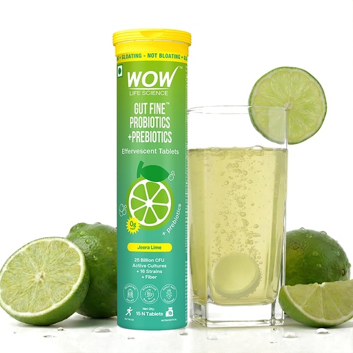 [BRSRGFQYOUIRODLO] WOW Life Science Gut Fine Probiotics + Prebiotics Effervescent Tablets | Synbiotic Digestive Drink with 25 Billion CFU System, 16 Strains + Fiber | Zero Sugar Bloating Relief & Daily Gut Balance | Jeera Lime | 15 Tablets (Pack of 1)