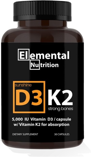 [BRSRMHDQAQIGKA3G] Vitamin K2 with D3 Extra Strength Supplement Bone | Heart Health Non-GMO Formula 5000 IU Vitamin D3 125 mcg & 100 mcg Vitamin K2 | Easy to Swallow Vitamin K & D, 30 Capsules.