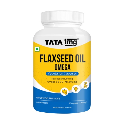 [BRSROFQFDJ6A4ADB] TATA 1mg Vegetarian Omega 3 Capsules 1000mg | Extra Virgin Cold Pressed Flaxseed Oil supplement with Omega 3, 6 & 9 | Veg Omega 3 capsules for healthy heart, brain & gut | Plant based | Pack of 60