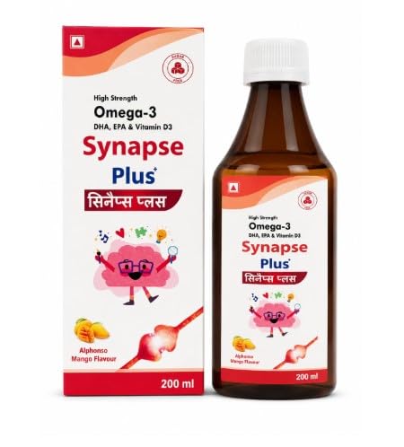 [BRSRAAD4CF4G2FDB] Synapse Plus Omega-3 Syrup for Kids - 200ml | With DHA EPA & Vitamin D3 | Sugar Free Brain Development & Immunity Supplement | Supports Growth & Bone Health | Alphonso Mango Flavour