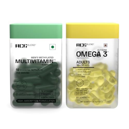 [BRSRGBQ7OV7G2FL7] Ace Blend Omega 3 Fish Oil + Multivitamin for Men Combo | 60 Softgels + 60 Capsule | EPA DHA Fish Oil & Daily Multivitamin with 19 Nutrients - For Men & Women