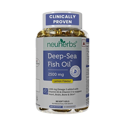 [BRSRMFQOPJ4GOF3Z] Neuherbs Deep Sea Omega 3 Fish Oil 30 Softgels, Omega 3 Supplement Triple Strength 2500 Mg for Muscle, Joints, Heart & Cognitive Support, No Fishy Burps with Lemon Flavour, 1 count, 30 capsules