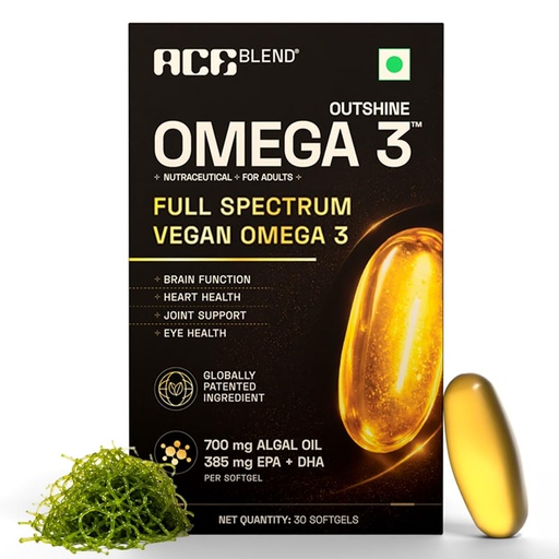 [BRSRYZAECMMWKDLZ] Ace Blend Outshine Omega 3 Vegan with 385mg EPA + DHA per Softgel | Full Spectrum Algal Oil | 700mg Algal Oil | Plant-Based Omega 3 Supplement | For Men & Women | 30 Softgels