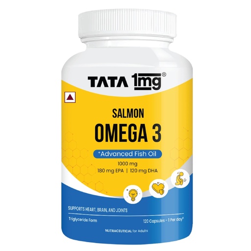 [BRSRACT6AAFRGHTK] Tata 1mg Salmon Omega 3 Fish Oil Supplements 1000mg - 120 Capsules |Triglyceride form | 180mg EPA & 120mg DHA | High Absorption for Heart,Brain & Joints | Helps Manage Cholesterol