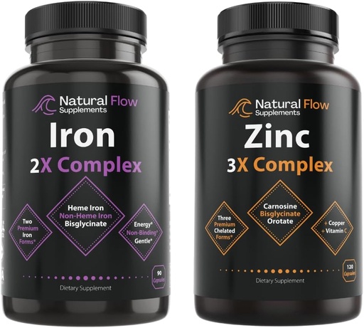 [BRSROAD5DEHBG2TX] Zinc Supplement Complex with Copper and Vitamin C - Natural Flow 3X Zinc Carnosine and Iron Supplement 2-in-1 Complete Complex - Natural Flow 2X Heme and Chelated Non Heme Iron Bisglycinate