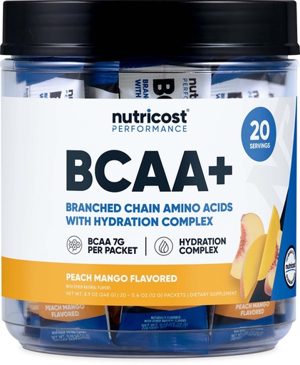 [BRSRAZIHBADWYA3Z] Nutricost BCAA+ Hydration Peach Mango Flavor (20 Stickpacks) - Branched Chain Amino Acids with Hydration Complex - Gluten-Free, Non-GMO