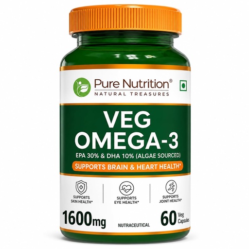 [BRSRGFILA5YAIFD5] Pure Nutrition Veg Omega-3 from Algae (1600mg), 60 Veg Capsules | EPA & DHA Omega 3 Supplement for Brain Function, Heart Health, Eyes, Joints, Skin & Overall Wellness