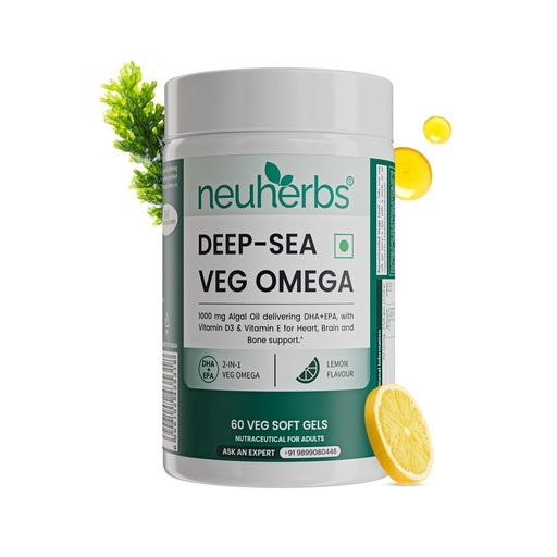 [BRSRGGANBUMBSHTV] Neuherbs Deep-Sea Veg Omega 3 Supplement | 1000mg Algal Oil | Omega3 Vegetarian Capsules | Supports Heart, Brain, Skin & Bone Health | 100% RDA Vitamin D3 & E | Heavy Metals Tested - 60 Veg Softgels