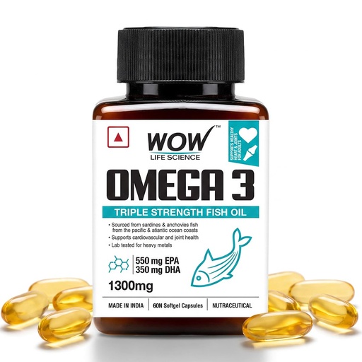 [BRSWGZTRBMMAG33O] WOW Life Science Omega-3 Fish Oil 1300 Mg Triple Strength 550Mg Epa 350Mg Dha,Burpless,Mercury Free,Ideal For Keto Diet,1 Count