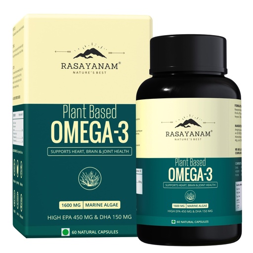 [BRSREYDQOIMGOCDK] Rasayanam Plant Based Omega-3 Capsules, 1600mg | Gelatin Free, No Burps, No Fish Oil, Pure Algae | 450mg EPA & 150mg DHA, Better Joint & Heart Health | Vegetarian Omega 3 Supplement - 60 Capsules