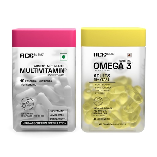 [BRSRGBQ5CR6AY3T7] Ace Blend Women’s Wellness Combo | Omega 3 Fish Oil 1650mg (60 Softgels) + Multivitamin Capsule (60) | With EPA DHA, Iron, Quatrefolic, K2 & D3 | Daily Nutrition Support - For Men & Women