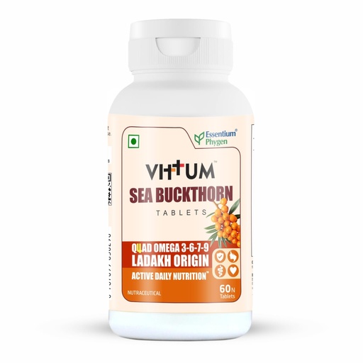 [BRSRYFQDCMBWCDQV] VITTUM Sea Buckthorn Tablets | Ladakh Origin Sea Buckthorn Berry | QUAD Omega 3-6-7-9 | Rich in Antioxidants, Vitamins & Essential Minerals | Supports Gut, Immunity & Skin Health | 60 Tablets