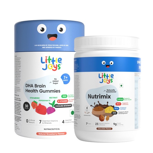[BRSRAFQROQHGMELB] Little Joys Brain Development Kit (7-12 Years) | With NutriMix (350g) & Brain Health Gummies (30 day pack) | Omega 3 DHA-Packed Kit to Support Focus & Memory