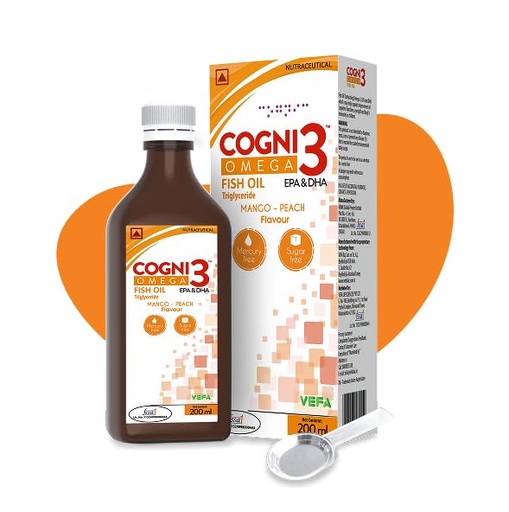 [BRSRYZQBCIMBAYDA] Cogni3 Omega-3 Fish Oil Syrup for Kids & Adults - 200ml | Mango Peach Flavour, Sugar Free | High Strength EPA & DHA Triglyceride Formula | Brain, Memory, Focus & Cognitive Health Supplement
