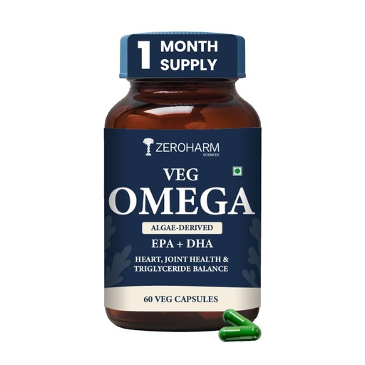 [BRSROHQBPN5BECIV] ZEROHARM Veg Omega (EPA 15% + DHA 25%) Capsules 500mg | Veg Omega Supplement for Men and Women | Supports Eyes, Skin, Muscles, Bones and Joints | Sourced from Algae | 60 Capsules