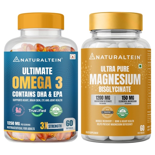 [BRSRGBQYDJ5RSCT6] Naturaltein Omega-3 Fish Oil 1250mg Triple Strength (60 Softgels) + Naturaltein Magnesium Glycinate 1200mg 60 Tablets | Heart Health, Brain Function, Muscle Relaxation & Sleep Support Combo