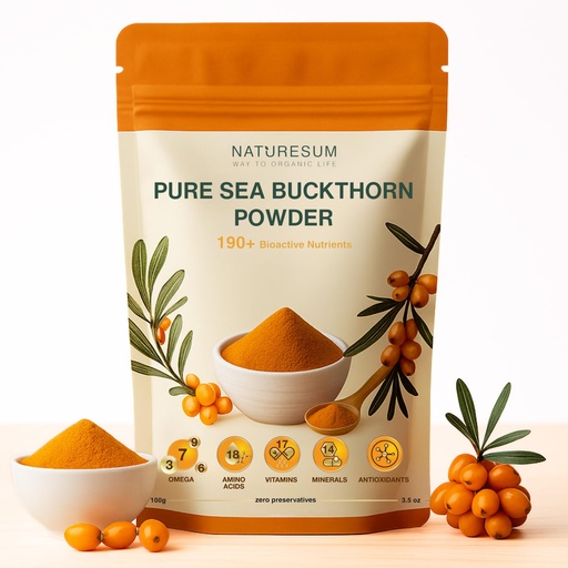 [BRSREAQEBECAMDQ2] Naturesum Central Asian Sea Buckthorn Berry Powder 100% Organic (100g) Rich in Omega 3, 6, 7, 9, Vitamin C, E & 18 Amino Acid, Strong Antioxidant for Skin Glow, Immunity, Gut & Heart Health