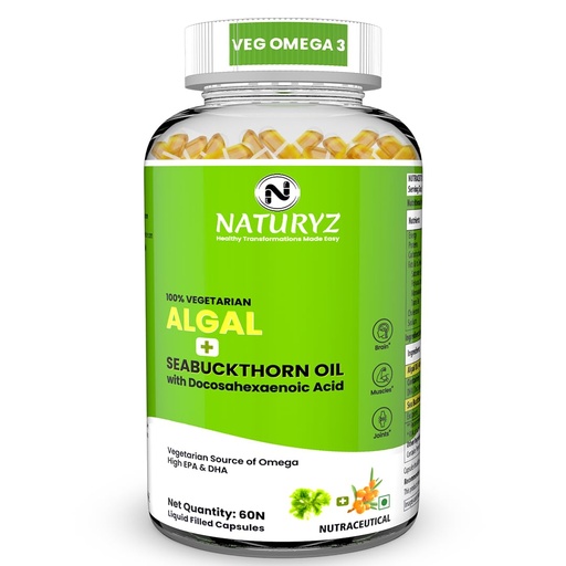 [BRSREH32BN7GKYI7] Naturyz Vegetarian Omega 3 Algae + Sea buckthorn Oil Capsules 1120mg | Highest Strength DHA 400mg | Gelatin Free, No Burps, No Fish Oil | Supports Healthy Heart, Skin, Brain & Gut | Plant source for Men & Women | 60 Liquid fill Capsules