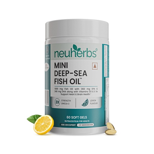 [BRSRMCT7DNYRQ2DU] Neuherbs Mini Deep Sea Omega 3 Fish Oil Capsules 1000mg Supplement | EPA - 360mg, DHA - 240mg | With Vitamin E & D3 | Supports Heart, Brain, Muscle & Joint Health| Lemon Flavour - 60 Softgels