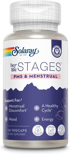 [BRSROGD2PIIGE2DG] Solaray PMS & Menstrual her life STAGES - PMS Support Supplement for Women with Cramp Bark, Vitex Chasteberry - Made Without Hormones - 60-Day Guarantee - Vegan, Lab Verified - 24 Servings, 24 VegCaps