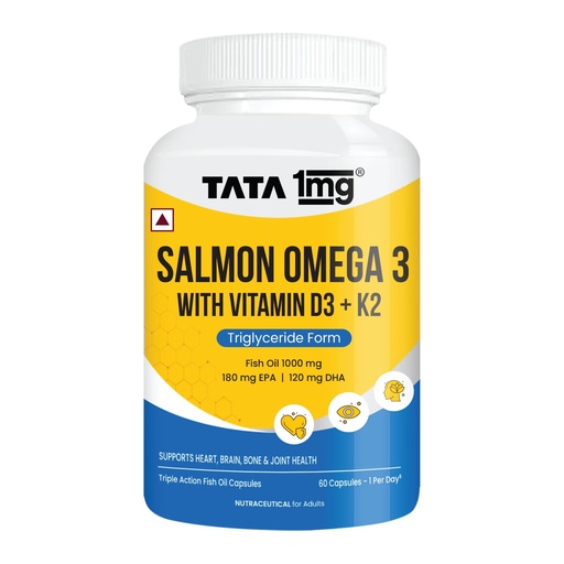 [BRSRYFILORYROG37] Tata 1mg Salmon Omega 3 Fish Oil Capsules with Vitamin D3 & K2-7 | 1000mg Fish Oil, 180mg EPA & 120mg DHA | Triglyceride Form | Heart, Brain, Bone & Joint Health | 60 Capsules