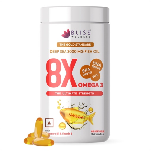 [BRSRGYY5BANA2EIY] Bliss Welness 8X Strength Omega 3 Fish Oil Capsules | Highest Active Omega-3 Concentration - 3000mg Fish Oil Supplement with 1400mg EPA & 1000mg DHA for Men & Women | Muscle, Heart, Brain, Eyes, Skin & Joints Health Support | No Fishy Burps, Mercury Free | 60 Softgel Capsules