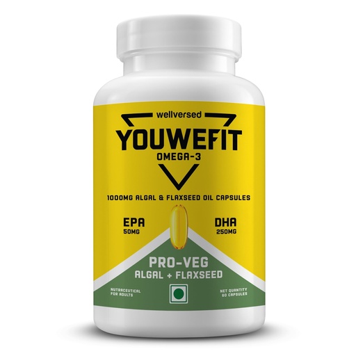 [BRSRG2TYCUIQ2DQU] YouWeFit Pro-Vegetarian Omega 3 Capsules 1000mg 60 Capsules | 250mg DHA 200mg ALA & 50mg EPA | Algal Oil + Flaxseed Oil Formula | Astaxanthin Curcumin & Selenium | Heart Brain Joint & Recovery Support