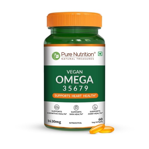 [BRSRAEDRAABWCGTH] Pure Nutrition Omega 3 Vegetarian Capsules with 3 5 6 7 9 | Plant Based Vegan Omega 3 Supplement with Blend of Seabuckthorn, Flaxseed, Pomegranate, Borage & Olive Oils | Supports Heart, Skin & Joint Health - 60 Softgels