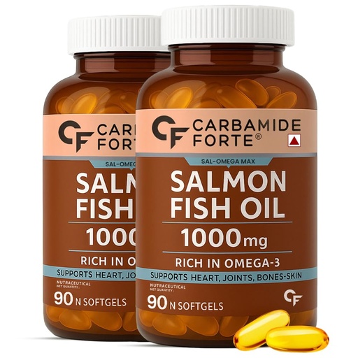 [BRSRAGL5CUAWE3QZ] Carbamide Forte Salmon Fish Oil Omega 3 Capsule 1000 mg | 90 Softgel Capsules | EPA 180 mg & DHA 120 mg | Supports Heart, Joints, Bones & Skin (Pack of 2)
