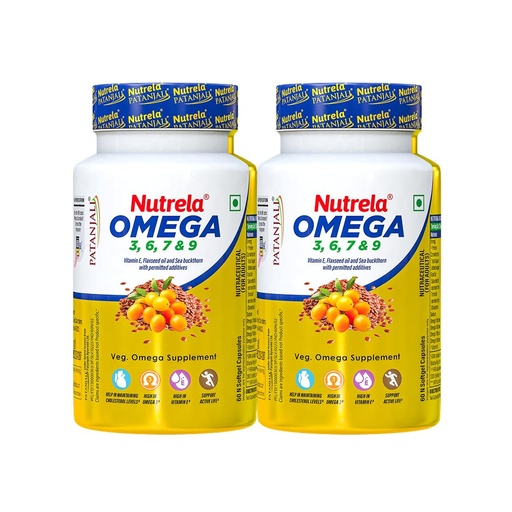 [BRSROADYBBYA2HIU] NUTRELA Patanjali Omega 3 6 7 9 vegetarian softgels - Pack of 60 Softgels (Pack of 2)