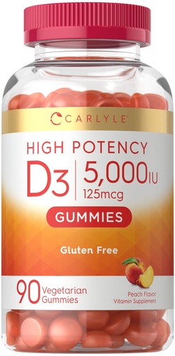 [BRSRAZQ3AQFQ4HL5] Carlyle Vitamin D3 Gummies | 5000 IU (125 mcg) | 90 Count | High Potency for Adults | Peach Flavor | Vegetarian, Non-GMO, Gluten Free Supplement