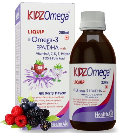 [BRSWIYIIBQFRA2Q3] HealthAid KidzOmega Syrup – Omega-3 DHA with Vitamins C, D & E | 200ml Mixed Berry Flavor | Supports Brain, Vision & Immune Health | Easy-to-Take Liquid Supplement for Children
