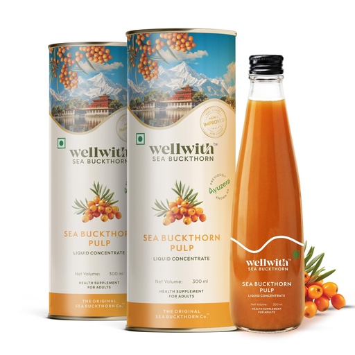 [BRSRAFIPA4PA23A3] Wellwith by Ayuzera Himalayan Sea Buckthorn Berry Pulp 300ml | Plant Based Vegan Omega 3, 6, 7 & 9 | No Fish Oil | Natural & Organic | Upto 50 Glass Juice | Antioxidants & Vitamins (300ml, Pack Of 2)