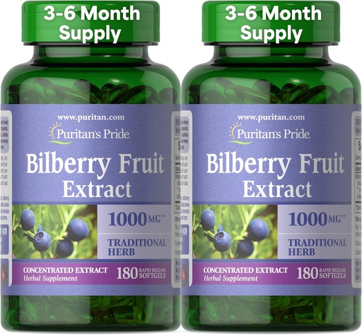 [BRSRMZQQDIOWKELJ] Puritán Pride Premium Bilberry gyümölcs kivonat 250 mg (1000mg ekvivalens), 4: 1 koncentrált hagyományos gyógynövény kiegészítés, C-vitamin, 3-6 hónapos ellátás, 180 Rapid Release Softgels 2- Pack