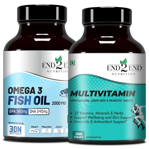 [BRSRMEA2OUNR6A3O] End2End Nutrition Omega 3 Fish Oil capsules and Multivitamin tablets with 33 Vitamins, Minerals and Herbs for Men and Women | Heart, Brain, Eye & Skin Health - (30x2)