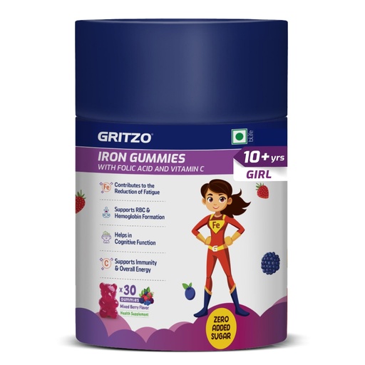 [BRSRGYAEAUCAOHY6] Gritzo Iron Gummies (10+ Girl), Mixed Berry, 30 Gummies