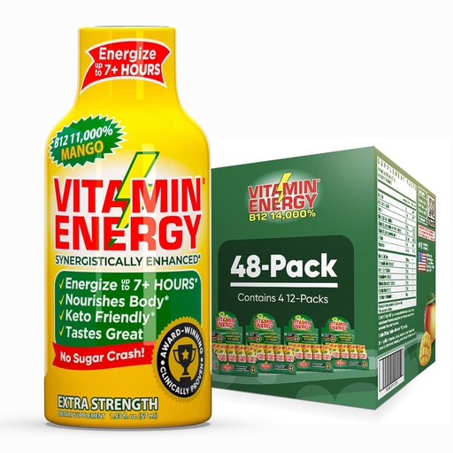 [BRSRAHAHABYB4AYZ] Vitamin Energy B12 11,000% Extra Strength Energy Shot Mango 48 Pack, 260mg Natural Caffeine, B12 & B6, Nootropic Focus, Vitality, Zero Sugar, Gluten-Free, Vegan, Kosher, 1.93 fl oz