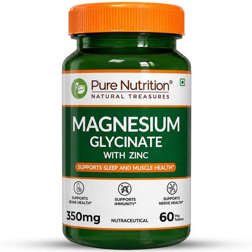 [BRSWYZQOOEPG2ET7] Pure Nutrition Magnesium Glycinate with Zinc Supplement 350 mg - 60 Tablets | High Absorption Magnesium Supplement for Bone, Muscle & Nerve Vitality | Supports Calm, Sleep Quality & Cramp Relief