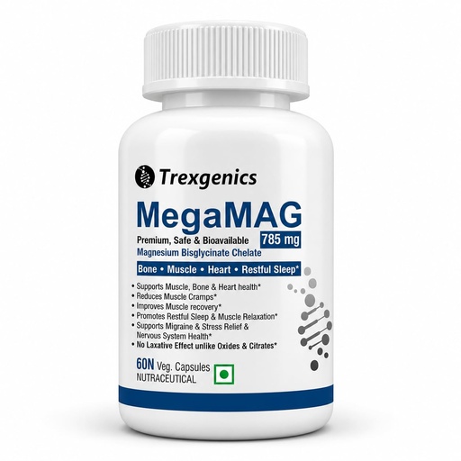 [BRSWYZQYOF7B63TK] Trexgenics MegaMAG 785mg Magnesium Bisglycinate - Most Bioavailable Magnesium for Sleep, Muscle, Bone & Heart Support (60 Veg. Capsules) (Pack of 1)