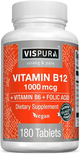 [BRSWGZT2AADRGCLF] VISPURA Vitamin B12 1000 mcg Methylcobalamin + B6/Folic Acid, 180 Vegan Tablets, Best Supplement to Increase Energy, Enhance Mood, Sharpen Focus*, Organic Supplement
