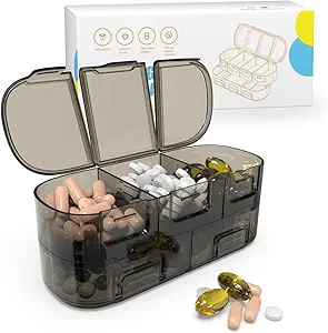 [BRSROFIRAR7AE2TP] BEXEEN 7-Day Portable Pill Organizer - 12 Compartment Box with Alarm, Travel Bag, Lock, Key Chain, Timer, Pill Cutter