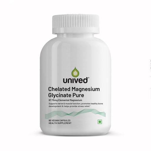 [BRSREFIRCRYGG2Y3] Unived Chelated Magnesium Glycinate Pure (non-buffered) | Fully Reacted Non-Buffered | High Absorption | Muscle Recovery, Sleep, Stress Support | Vegan | 90 Capsules