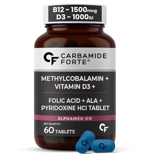 [BRSREZQNBACQIDTA] Carbamide Forte Vitamin B12 1500mcg with Vitamin D3 | Vitamin B12 Supplements for Men & Women | Methylcobalamin 1500 mcg with Vitamin D Tablets - 60 Tablets
