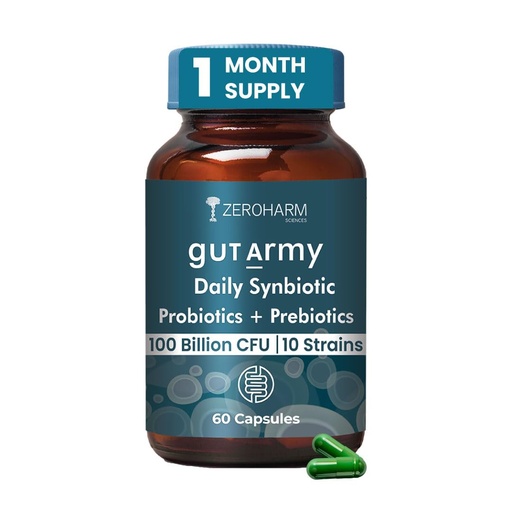 [BRSW2AQCAEIRGHYV] ZEROHARM Gut Army Prebiotics & Probiotics Capsules | 10 Unique Strains 100 Billion CFU with Inulin | Pre & Probiotics Supplement for Gut Health, Digestion, Colon Cleanse & Skin Care | 60 Capsules