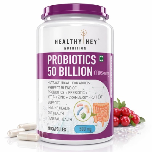 [BRSWYAQHCUNBO2D2] HealthyHey Nutrition Probiotics 50 Billion CFU Multi- Strains, 60 Veg. Capsules, Targeted Release Technology, Stomach Acid Resistant, No Need for Refrigeration, Non-GMO, Gluten-Free