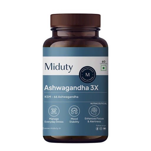 [BRSRAZL7OYFRSAA3] Miduty Ashwagandha 3X Supplement 500 mg Serving - KSM 66 Ashwagandha - Triple Strength Formula - For Mood Stability,Focus, Strength and Stress - 60 Veg Capsules